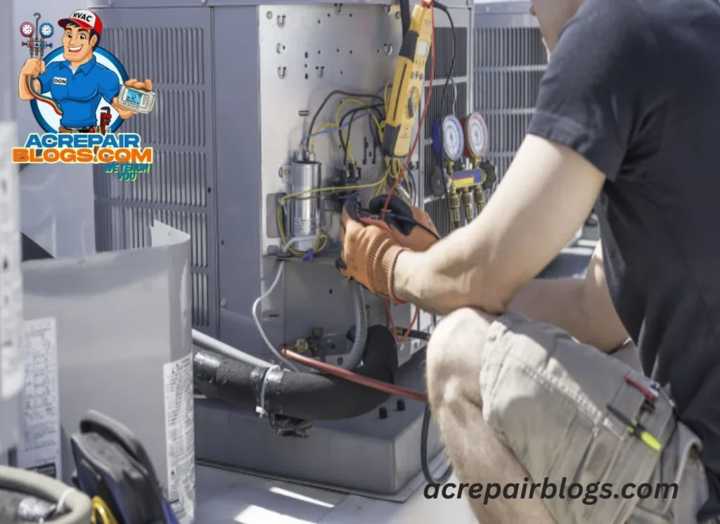 HVAC technician performing a seasonal AC tune-up before winter